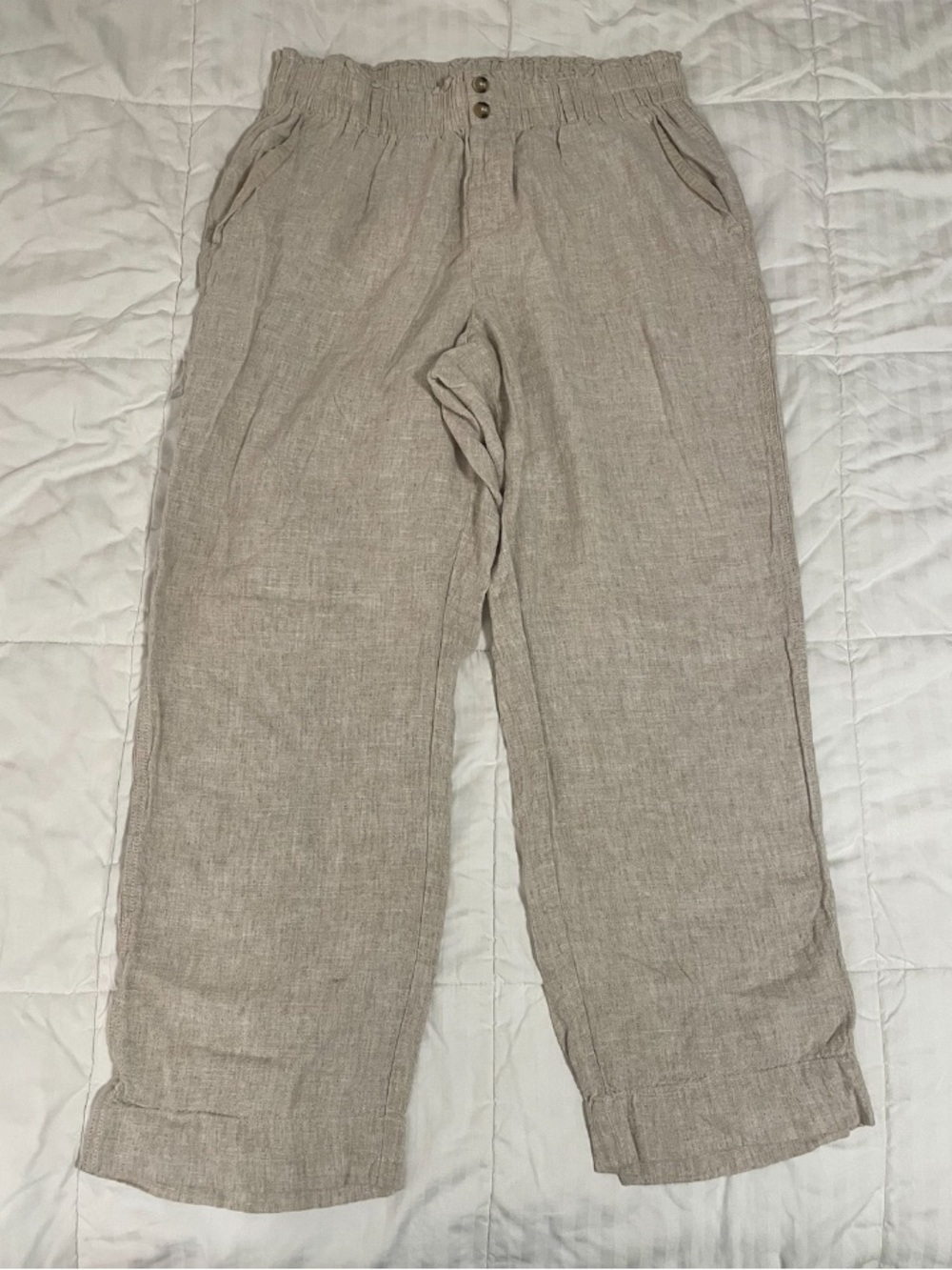 Briggs Women's Tan Linen Blend Elastic Waist Relaxed Straight Pants Large EUC